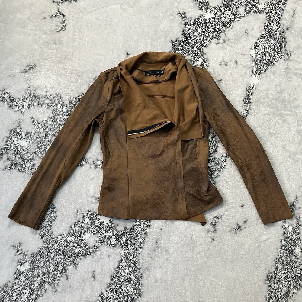 Zara Woman Jacket Womens Sz Medium‎ Brown Faux Suede Cowl Neck Moto Biker